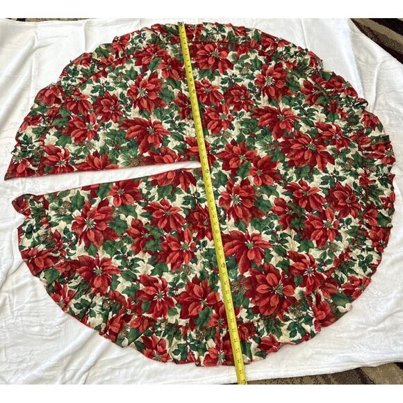 Beautiful Fabric Christmas Tree Skirt 46" Diameter Skirted Poinsettias Quilted - Picture 2 of 5